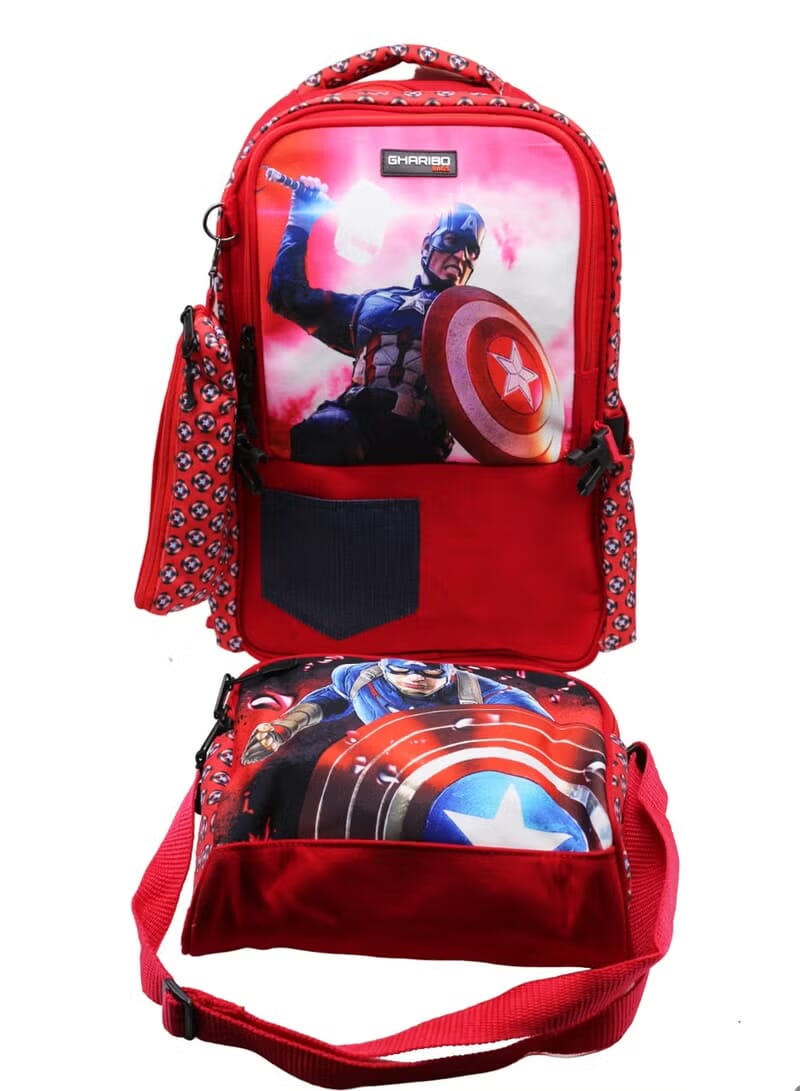 Gharibo Bags School Backpack With Lunch Bag and Pencil Case for Boys Captain America Pattern Red Product detail page