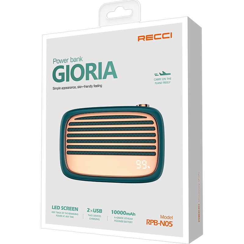 Recci Gloria Wired Power Bank, 10000 mAh, 2 USB Ports, Green - RPB-N05