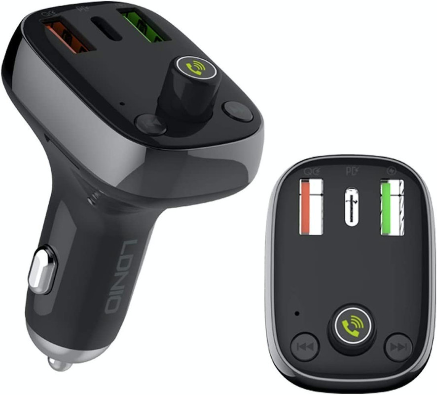 LDNIO Car Charger, 3 USB Ports, 30W, with Bluetooth FM Transmitter and Micro USB Cable, Grey - C704Q