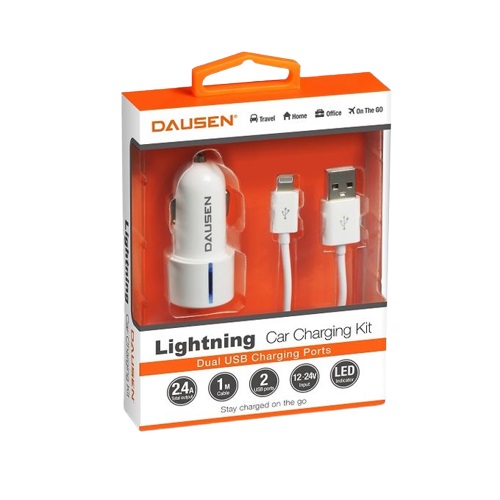 Dausen Dual Port Car Charger with Lightning Cable, 2.4 Amper, White-TR-EA427W