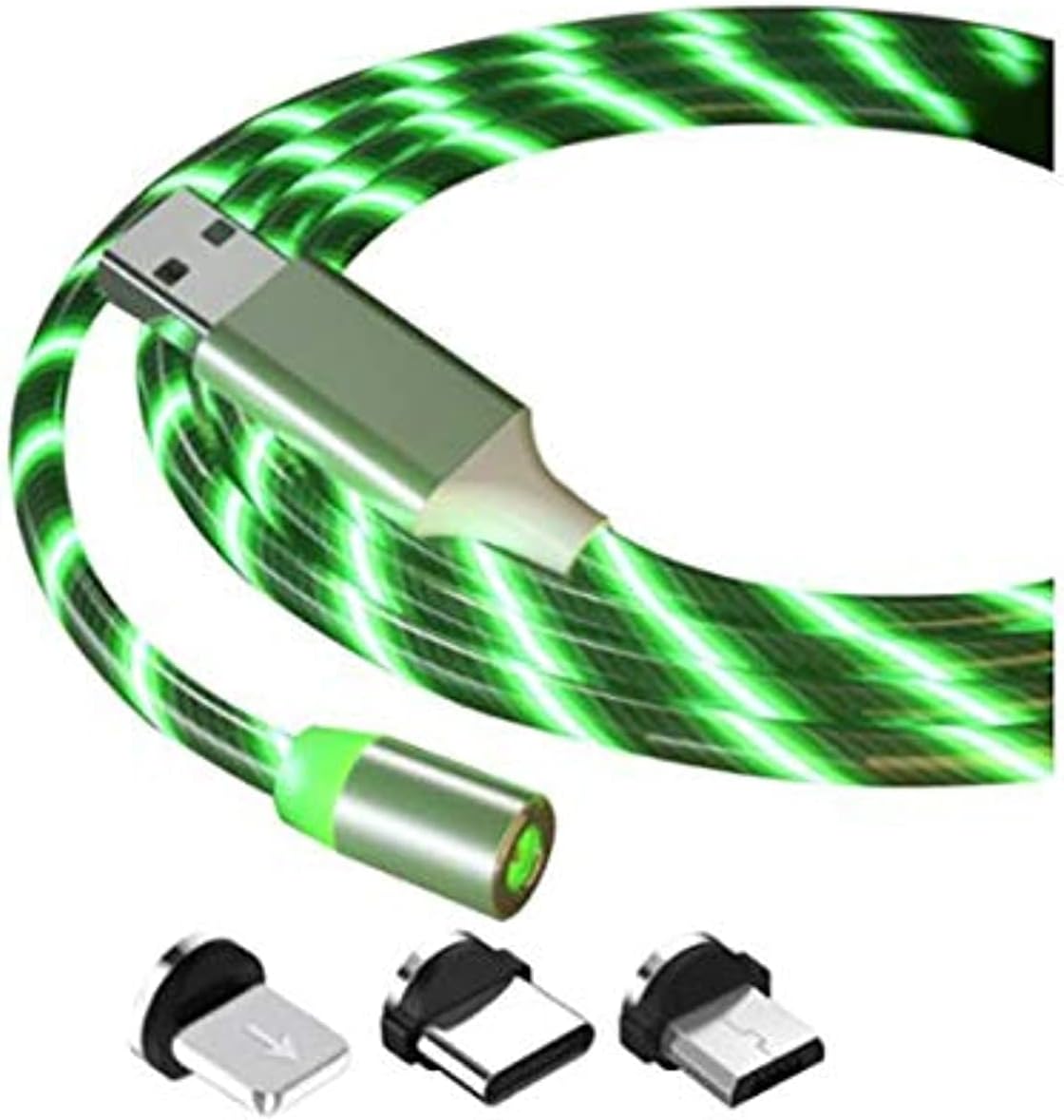 كابل بيانات و شحن USB مغناطيسي 3 في 1 بـ LED مضئ ، فئة C ومايكرو ولايتننج - اخضر