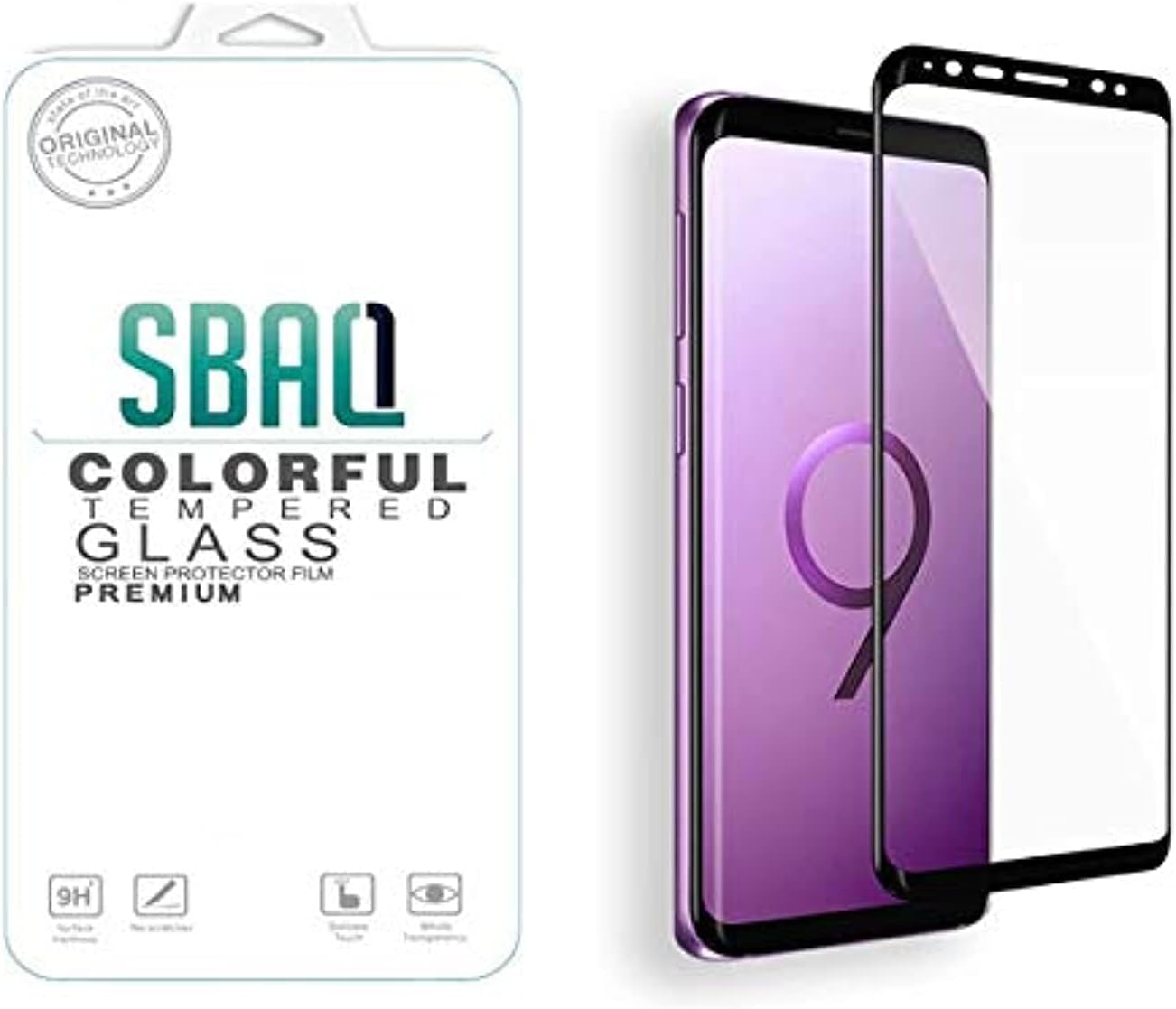 SBAQ 3D Glass Screen Protector for Samsung Galaxy S9 Plus - Transparent with Black Frame