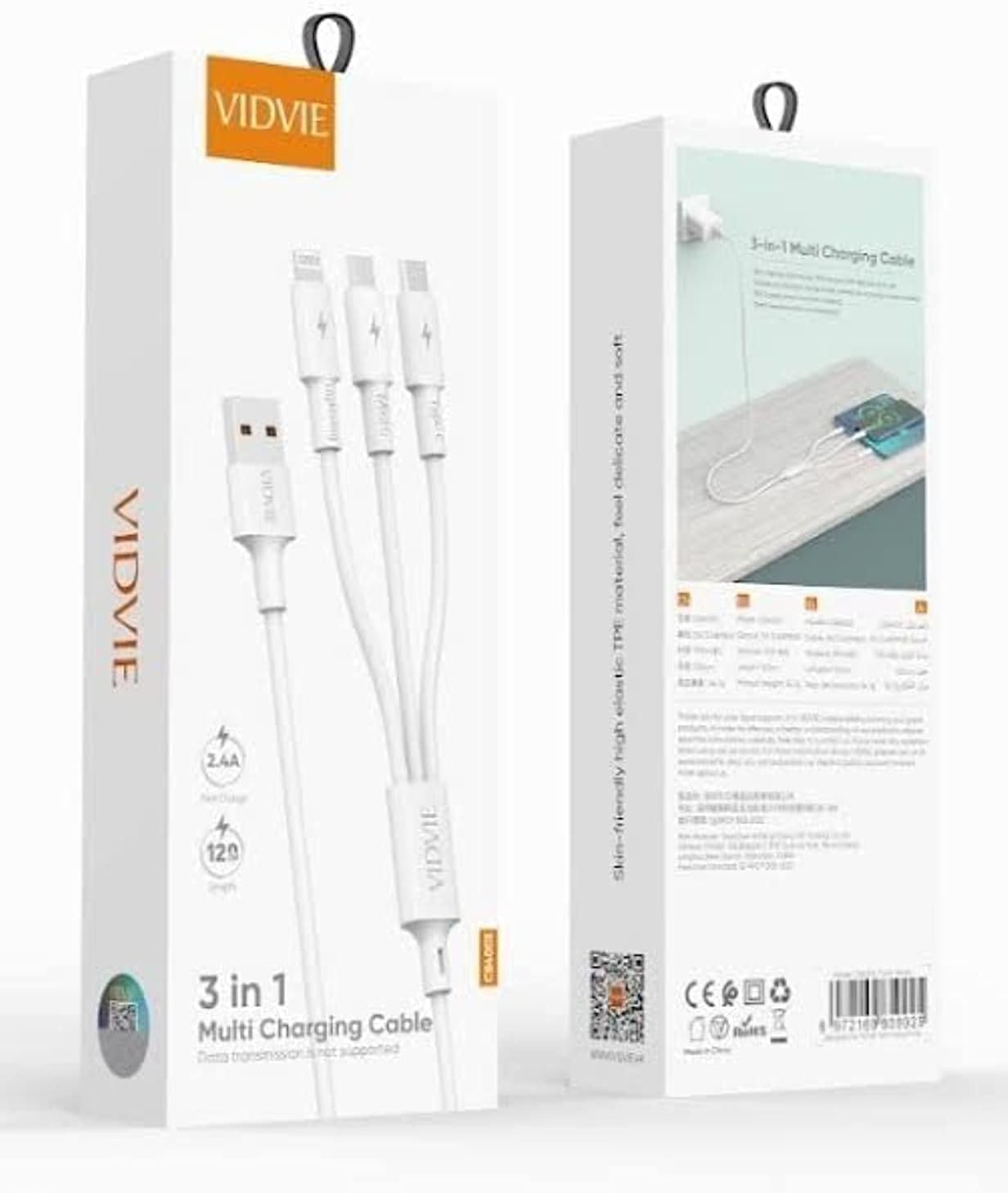 Vidvie 3 in 1 USB Lightning, Micro, Type-C Cable, 1.2 Meters length, White - CB4003