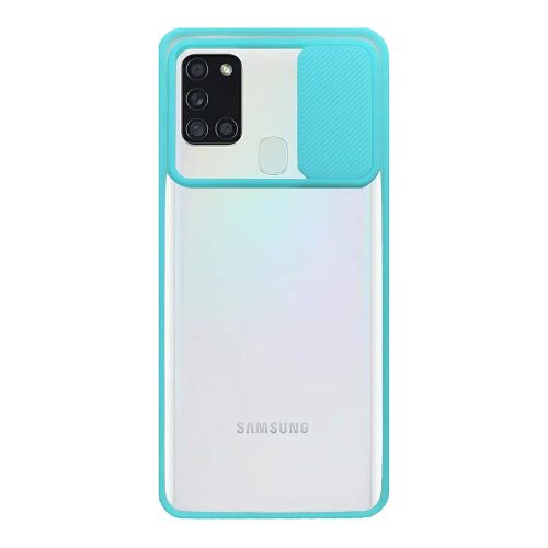 Stratg Back Cover with Camera Slider for Samsung Galaxy A21S - Transparent and Turquoise