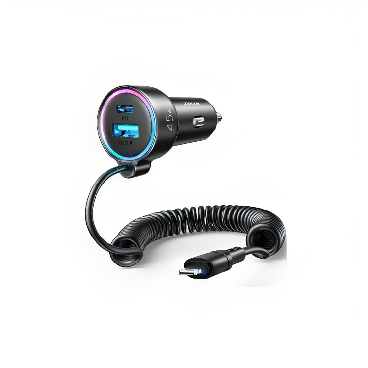 Joyroom 3 in 1 Fast Car Charger with Lightning Cable, 1.5 Meters, 45W, 2 USB Ports, Black - JR-CL08