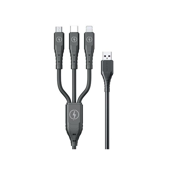 3 in1 USB Charging and Data Cable, 1.2 Meters, Black - WDC-153