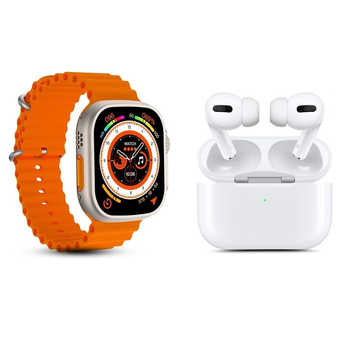T900 Ultra Smart Watch Silver Case and Orange Strap with AirPods Pro Earbuds White Best price in Egypt B.TECH