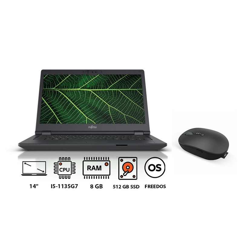 Fujitsu LIFEBOOK E5411 Laptop, Intel Core I5-1135G7, 512GB SSD, 8GB RAM, 14 Inch FHD, Intel Iris Xe Graphics, FREEDOS - Grey with Wireless Mouse, Black - WI860
