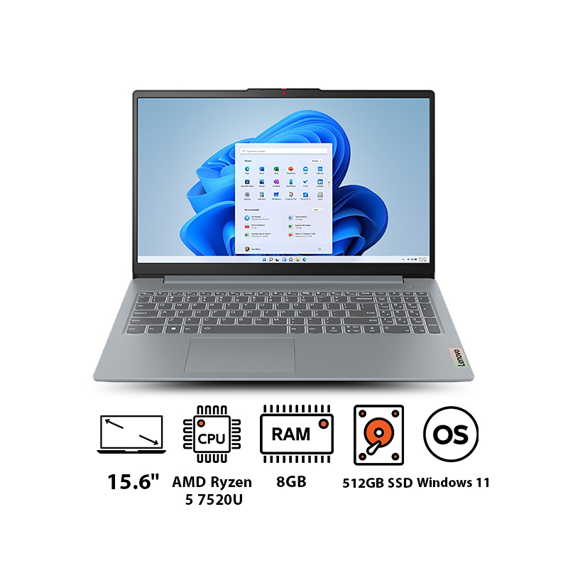 Lenovo Ideapad Slim 3 Laptop, AMD Ryzen 5 7520U, 15.6 Inch, 512GB SSD, 8GB RAM, Integrated AMD Radeon 610M Graphics, Windows 11 - Arctic Grey