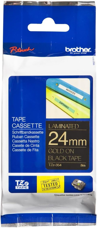 Brother Label Tape, 24mm x 8 Meters, Gold on Black - TZe-354