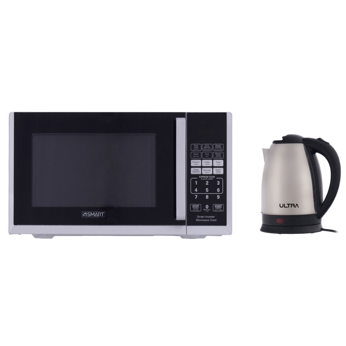 Smart Microwave, 25 Liters, Silver - SMW251ABV With Ultra Electric Kettle, 2 Liters, 1500 Watt, Black and Stainless Steel - UKS15EE1