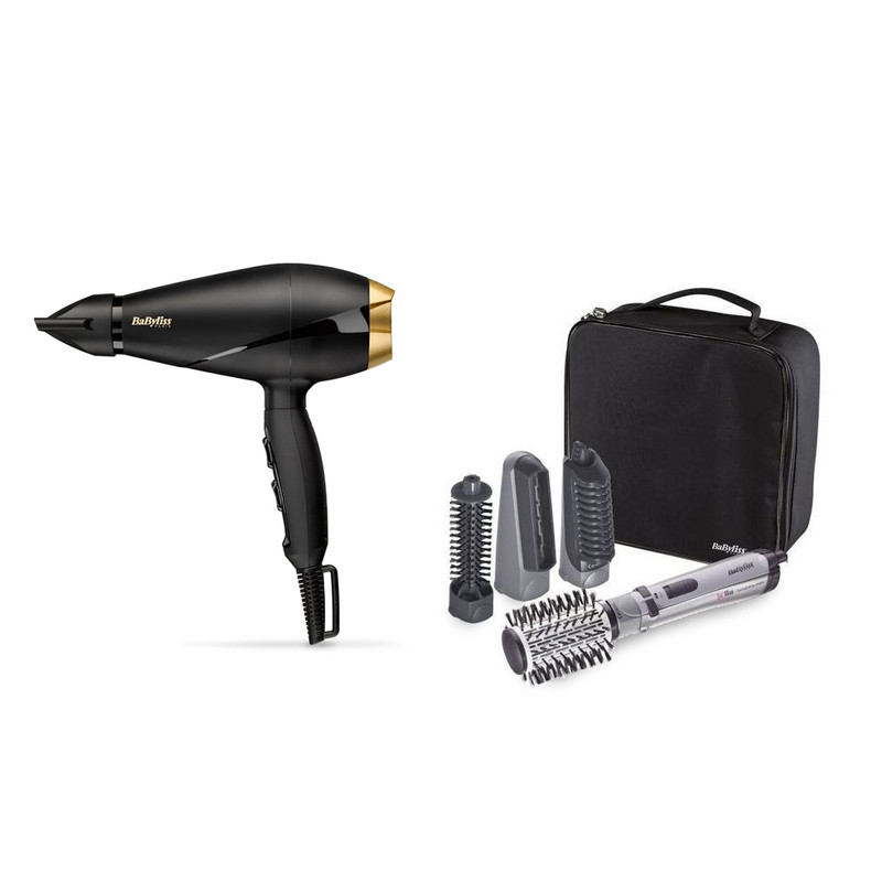 Babyliss Power Pro 2000 Hair Dryer, 2000 Watt, Black Gold - 6704E with Babyliss Hair Styler Rotating Brush with Attachments, 1000 Watt, Silver and Black - 2735E
