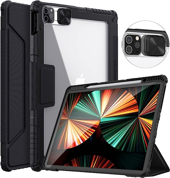 Nillkin Case for iPad Pro 12.9 2021/2020, [Slide Camera Cover, Built-in Pencil Holder] PU Leather Protective Stand Cover with Auto Sleep - Black