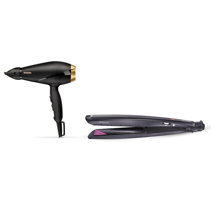 Babyliss Power Pro 2000 Hair Dryer, 2000 Watt, Black Gold - 6704E with Babyliss Wet And Dry Slim Hair Straightener, Black - ST326E