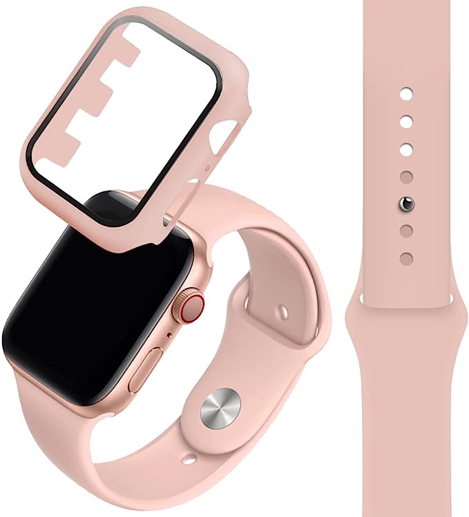 Compatible with Apple Watch band 38/40mm, Silicone Watch Strap + PC Tempered Screen Protective case Suit, Adjustable and Replaceable Sports Bracelet Wristband, for Apple series SE/6/5/4/3/2/1.