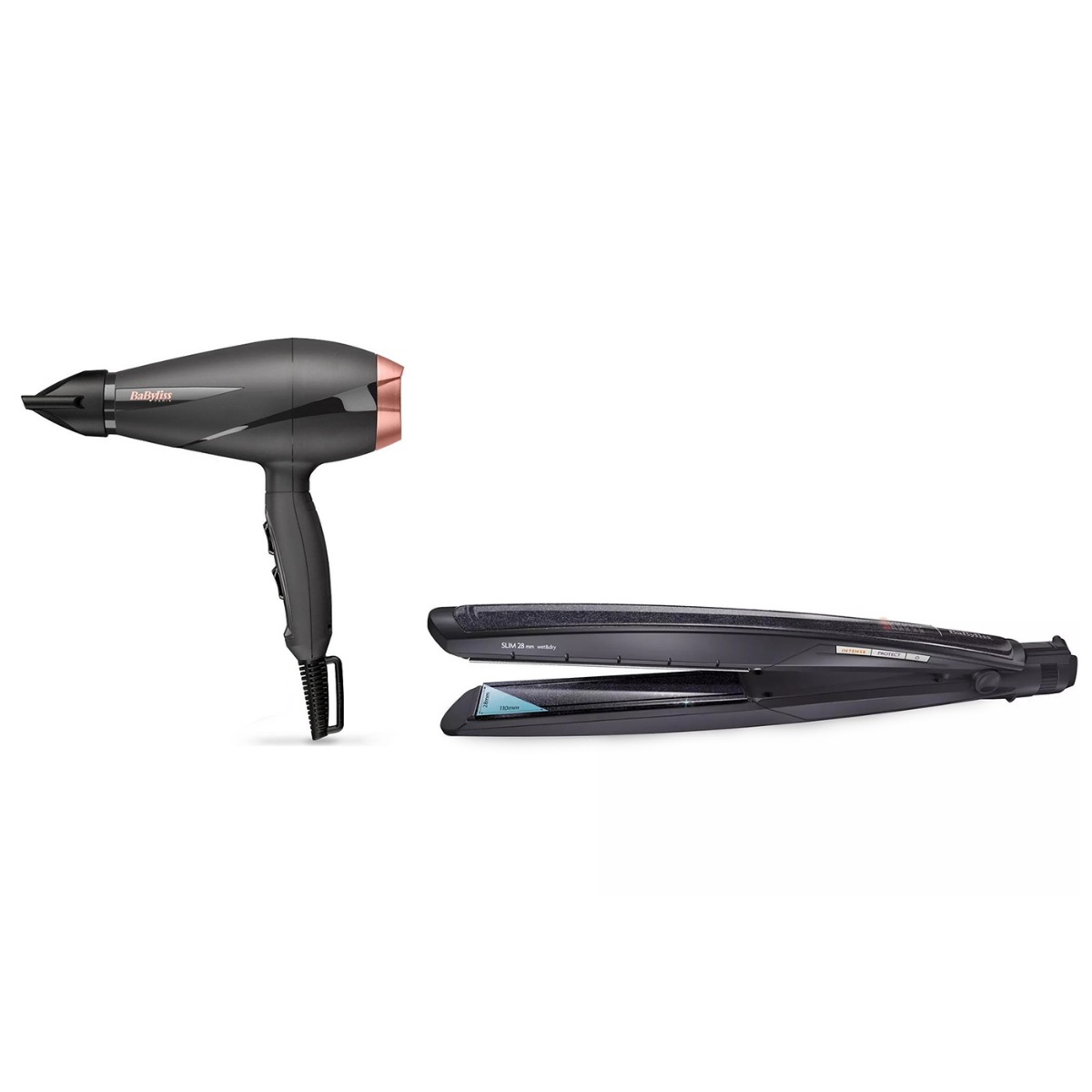 Babyliss Smooth Pro Hair Dryer, 2100 Watt, Black Rose Gold - 6709DE with Babyliss Wet and Dry Slim Hair Straightener - ST327E