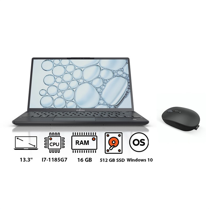 Fujitsu LIFEBOOK U9311 Laptop, Intel Core I7-1185G7, 512GB SSD, 16GB RAM, 13.3 Inch FHD, Intel Iris Xe Graphics, Windows 10 - Grey with Wireless Mouse, Black - WI860