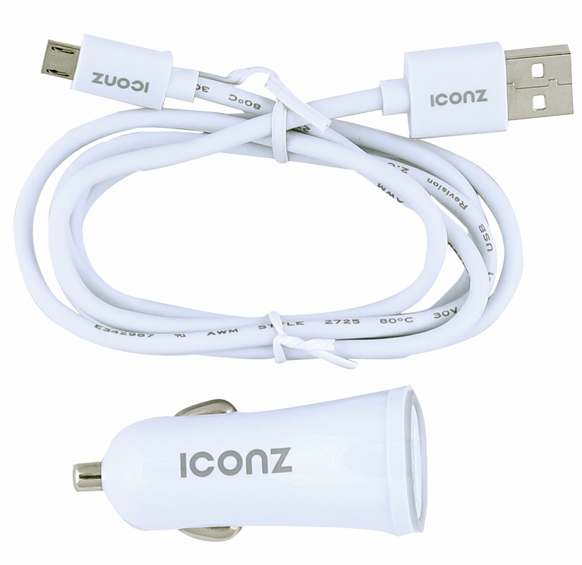 ICONZ Car Charger with Micro USB Cable, 2 Ports, White - ICCR224W-WH