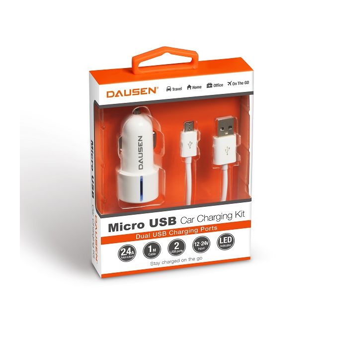 Dausen Dual Port Car Charger with Micro USB Cable, 2.4 Amper, White- TR-EA426WT