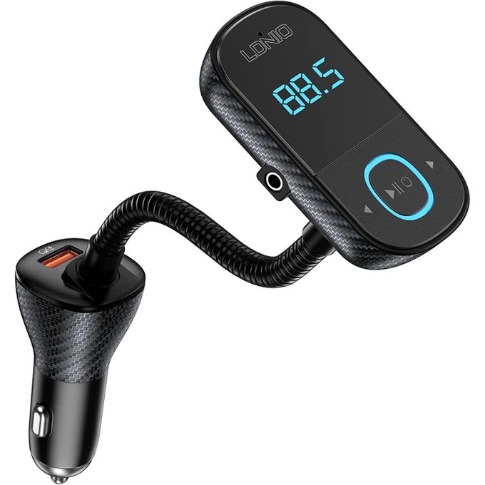 Ldnio Car Charger With Bluetooth 5.0 FM Transmitter and USB-C to Lightning Cable, 45W, 3 USB Ports, Black - C705q