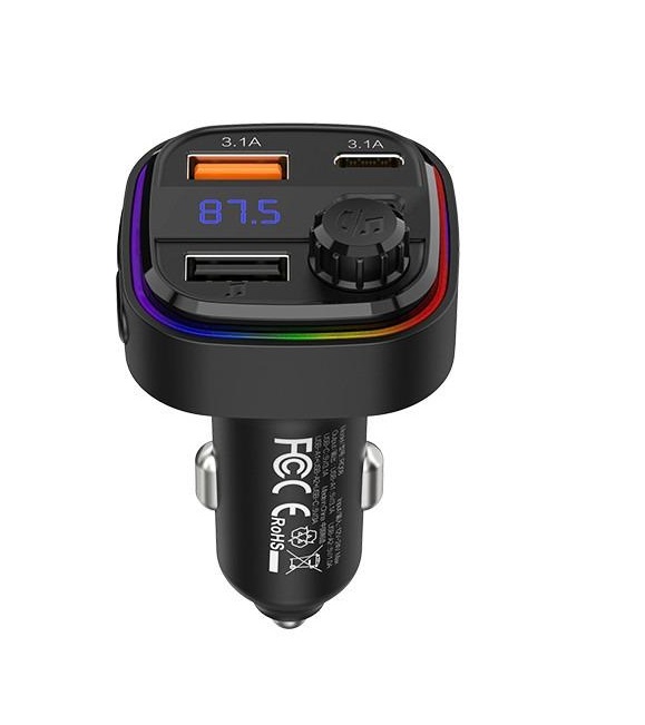 Recci Multifunctional Car Charger, 15 + 15 Watt, 2 USB Ports, 1 USB-C Port, Black - RQ08