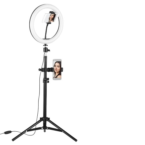 LED Ring Light with Adjustable Light Stand, 10 Inch - Black and White