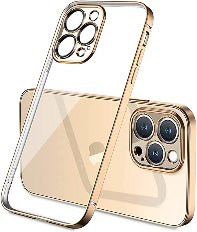 Luxury Plating Transparent Soft Silicone Case with Protector Camera Lens Shockproof for Apple iPhone 12 Pro Max (Clear and Gold, 6.7in)