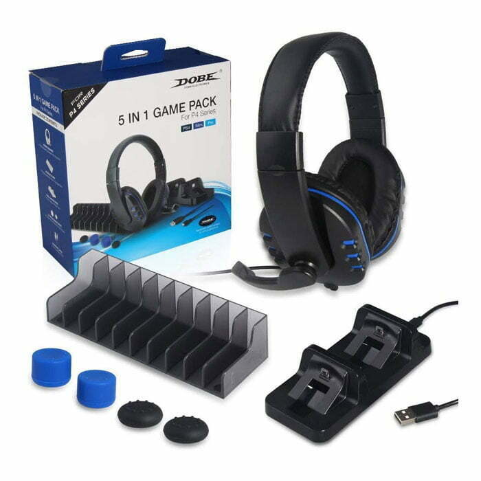 Dobe 5in1 Game Pack Dock Station with Over Ear Wired Headphone for PS4-Pro-Slim - Black