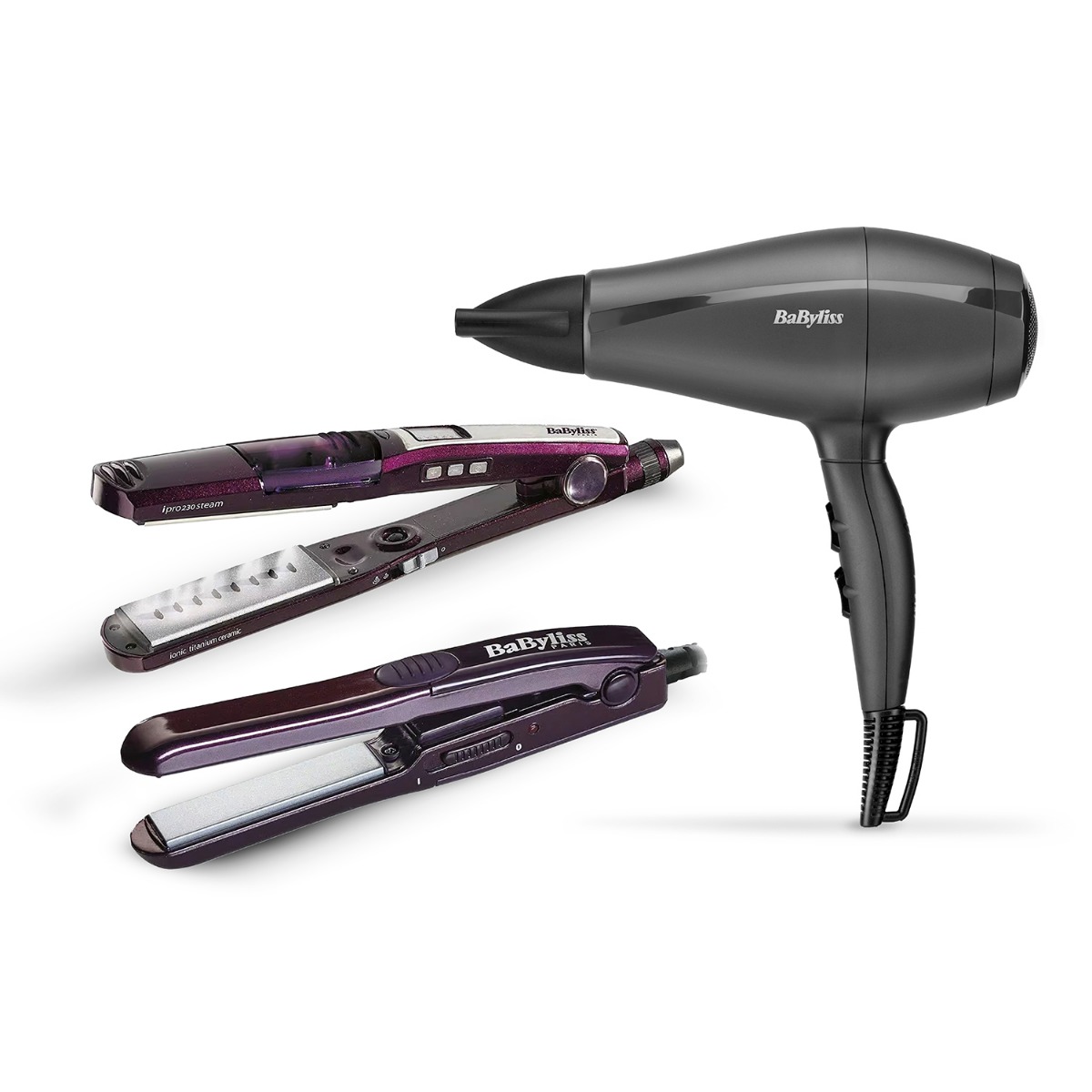 BaByliss Hair Dryer, 2000W, 2 Temperatures, Black - 5910E with Babyliss I-Pro 230 Steam Hair Straightener with Mini Hair Straightener, 170 - 230 Degrees, Purple - ST396ALE