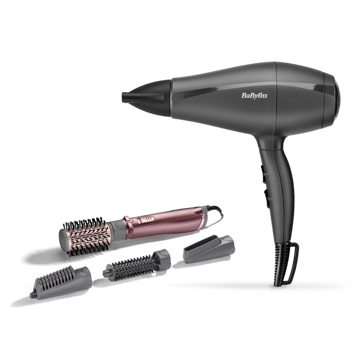 Babyliss Hair Dryer, 2000W, 3 Temperatures, Black - 5910E with Babyliss Ceramic Hair Rotating Brush with Attachments, 2 Temperatures, Purple - AS960SDE