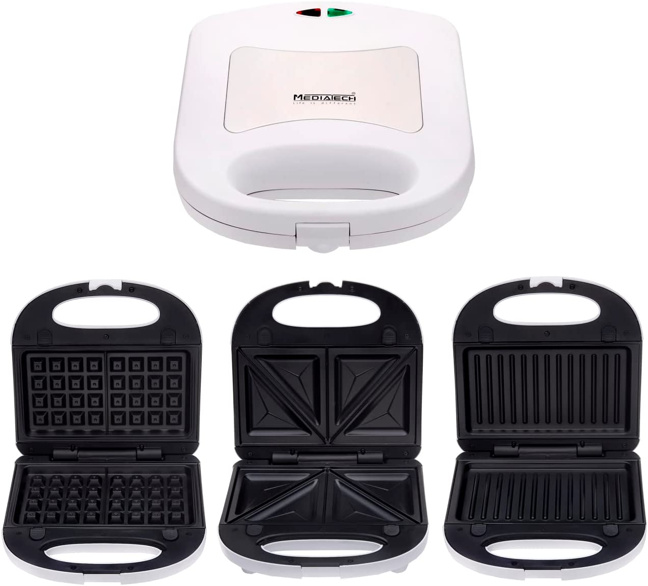 Media Tech 3 in 1 Sandwich Maker, 700 Watt, White- MT-SM206