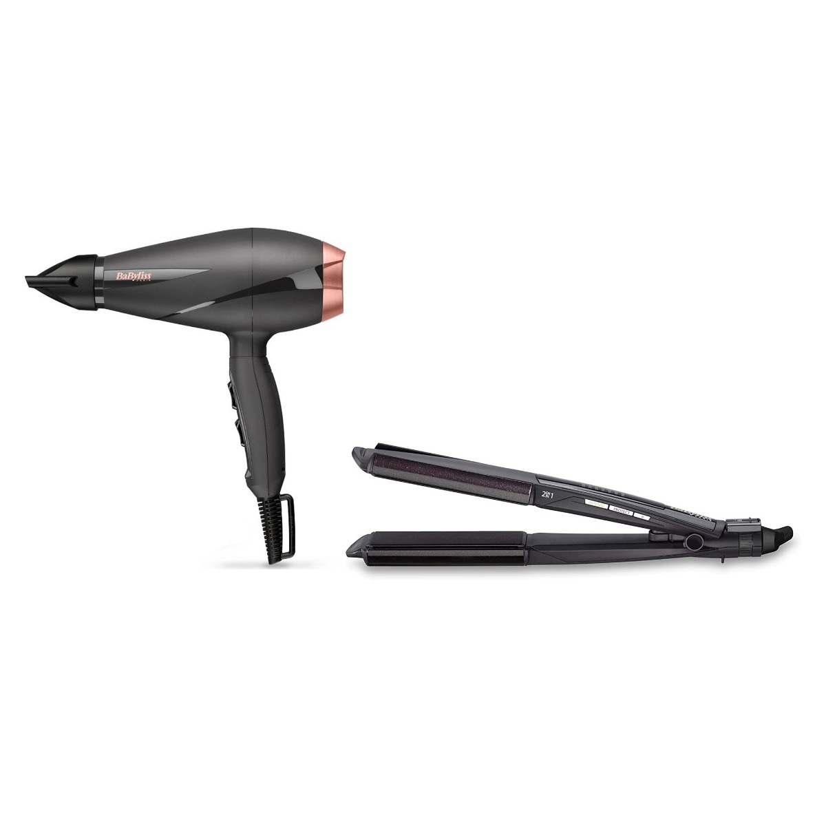 Babyliss Smooth Pro Hair Dryer, 2100 Watt, Black Rose Gold - 6709DE with Babyliss 2 in 1 Wet and Dry Hair Curler and Straightener, Black - ST330E