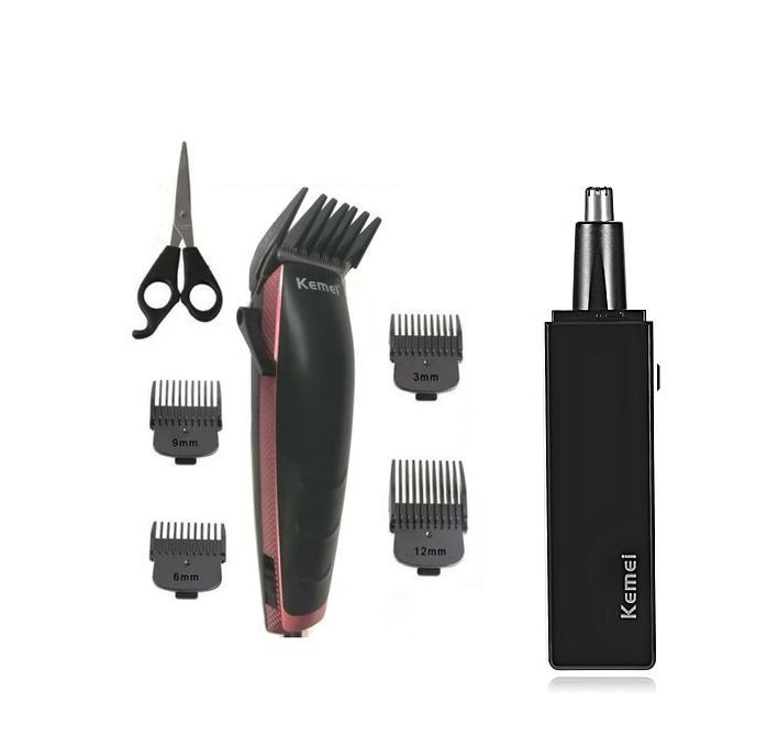 Kemei 4 In 1 Electric Hair Trimmer, Black and Red with Nose and Ear Trimmer - KM-4702