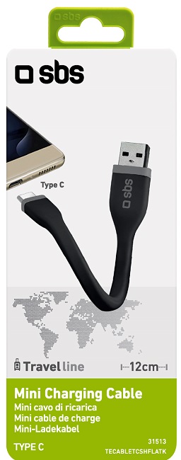 SBS USB Type C Charging and Data Transfer Mini Cable, 12 cm - Black