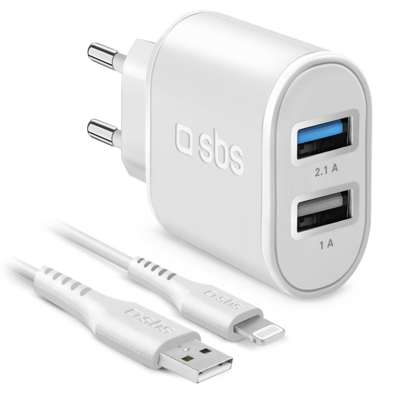 SBS Fast Wall Charger With USB Lightning Cable, 2 Ports, 10W, White - TEKITTR2ULH2189A