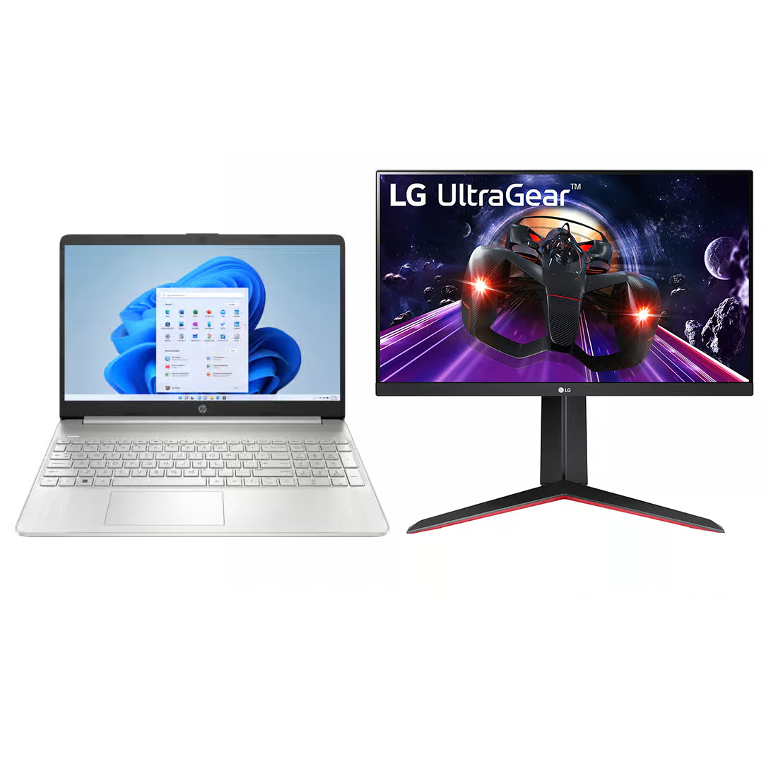 HP 15S-FQ5043NE Laptop, 15.6 Inch, Intel Core i7-1255U, 512GB SSD, 8GB RAM, Intel Iris XE Graphics, Windows 11 - Natural Silver with LG Ultra Gear Gaming Monitor, 24 Inch, 144Hz, 1ms - 24GN65R-B
