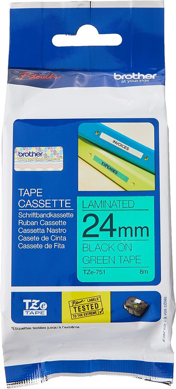 Brother Label Tape, 24 mm x 8 Meters, Black on Green - TZe-751