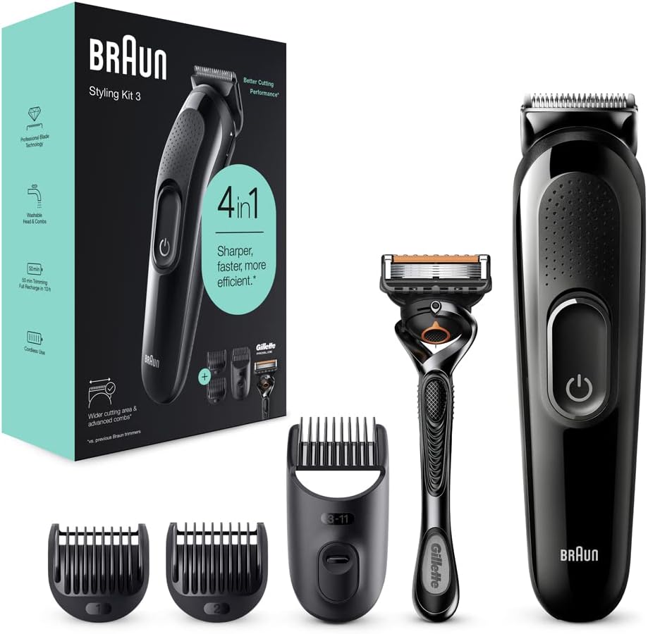 Braun 4 in 1 Rechargeable Beard Trimmer, with Gillette Shaver, Black- SK3300