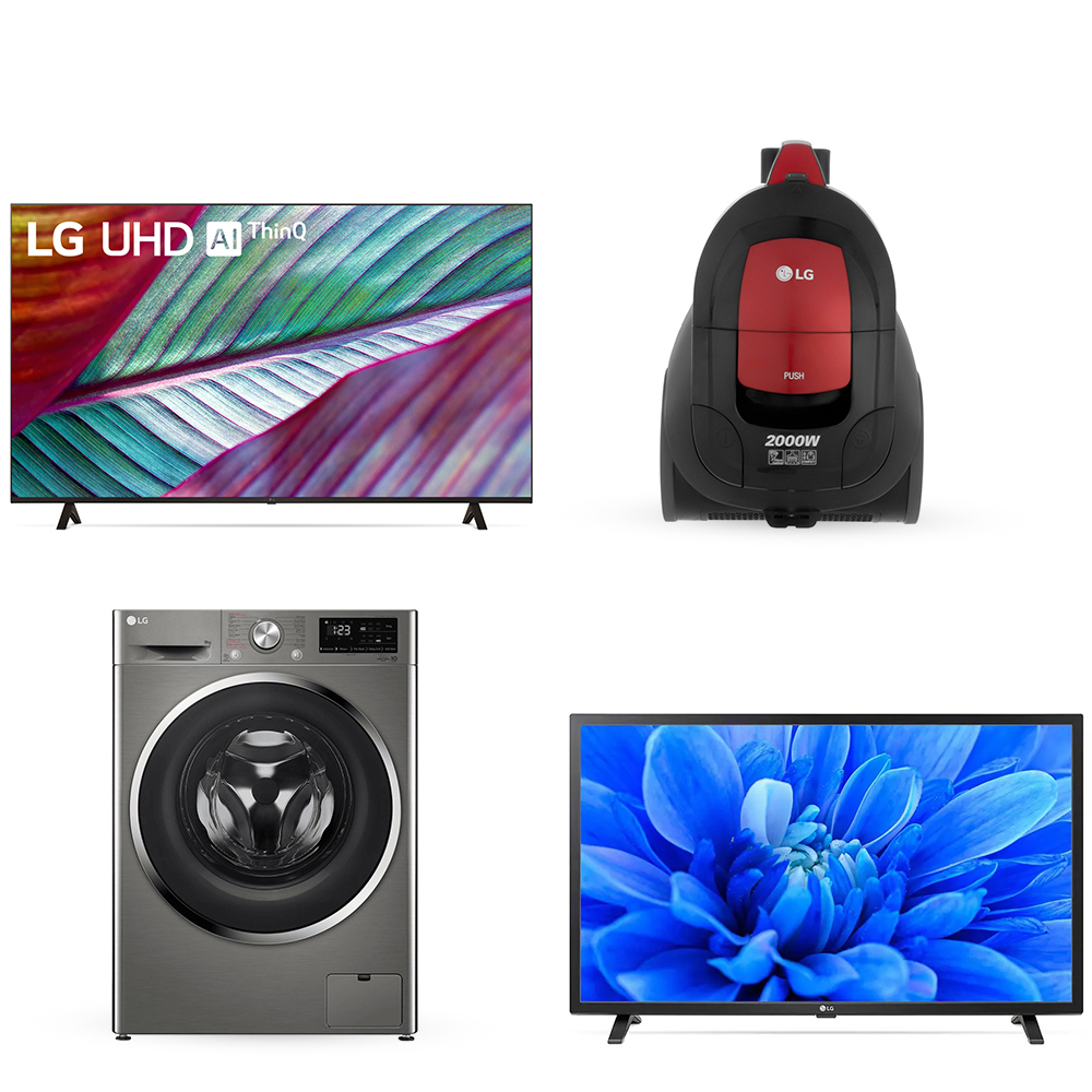 LG Front Load Washing Machine, 8KG - F4R3TYGCP, with 55 Inch UHD Smart LED TV with Built-in Receiver - 55UR78006LL, 32 Inch HD LED TV Built-in Receiver - 32LM550BPVA, and Bagless Vacuum Cleaner, 2000 Watt - VC5420NNTR