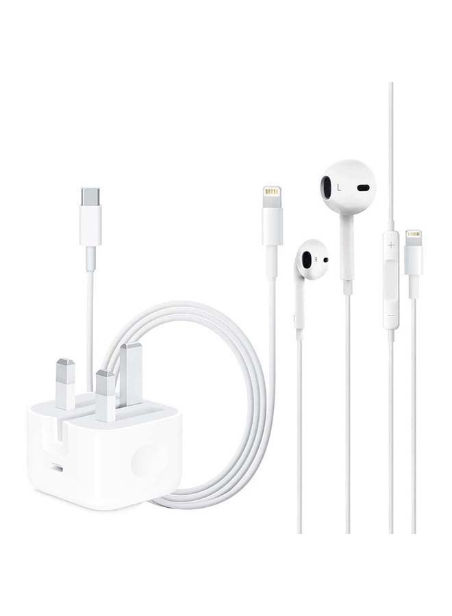 Apple Wall Charger, 20W with Lightning to USB Type C Cable, 1m and Wired In Ear Earphone - White