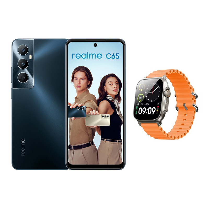 Realme C65 256GB 8GB 4G LTE Dual SIM Black Middle East Version withT800 Ultra Series 8 Smart Watch 49mm Silver Case and Orange Strap price in Egypt B.TECH