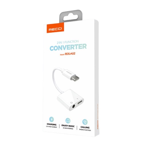Recci Type-C 2 in 1 Converter, White- RDS-A02