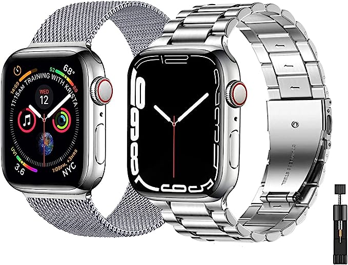 baklon Pack 2 Metal Strap Compatible with Apple Watch Strap 42mm 44mm 45mm, Apple Watch Band Stainless Steel Mesh Loop Replacement Wristband Compatible with iWatch Series SE 7 6 5 4 3 2 1