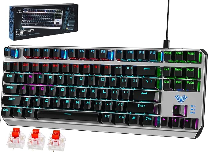 AULA F3087 Mechanical Gaming Keyboard with RGB Rainbow Backlit, ABS Keycaps, 87 Keys Anti-Ghosting Ergonomic USB Type-C Wired Computer Keyboards for Windows PC (Red Switch, Black KeyCaps) - HighEnd