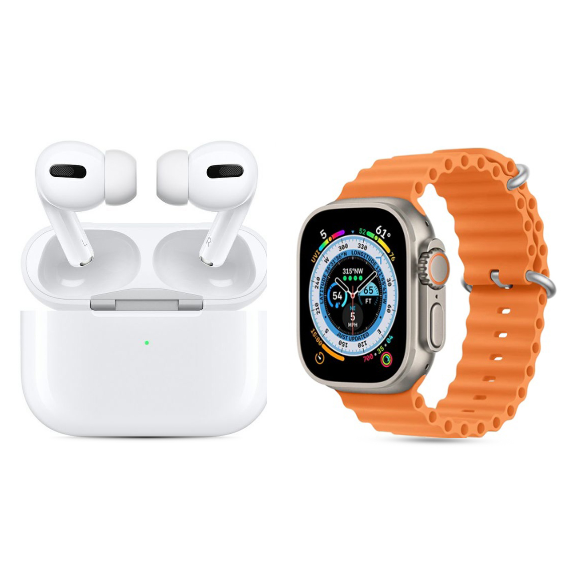 W O X8 Plus Ultra Smart Watch Silver Case and Orange Strap with AirPods Pro Earbuds White Best price in Egypt B.TECH