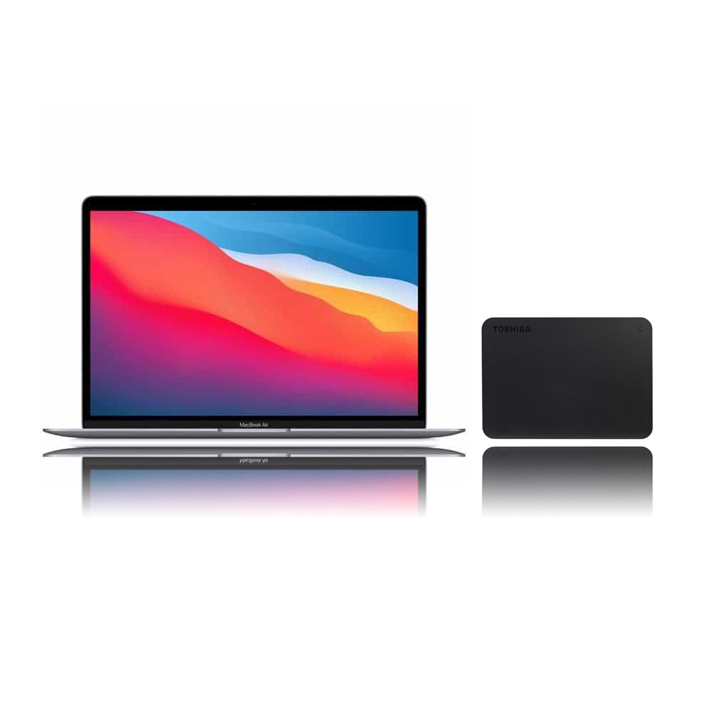 Apple MacBook Air MGN63AE/A Laptop, 13.3 inch, Apple M1 Chip, 256GB SSD, 8GB RAM, M1 GPU 7 Cores, macOS - Space Grey with Toshiba Canvio Basics External Hard Drive, 1TB, Black - HDTB410XK3AA