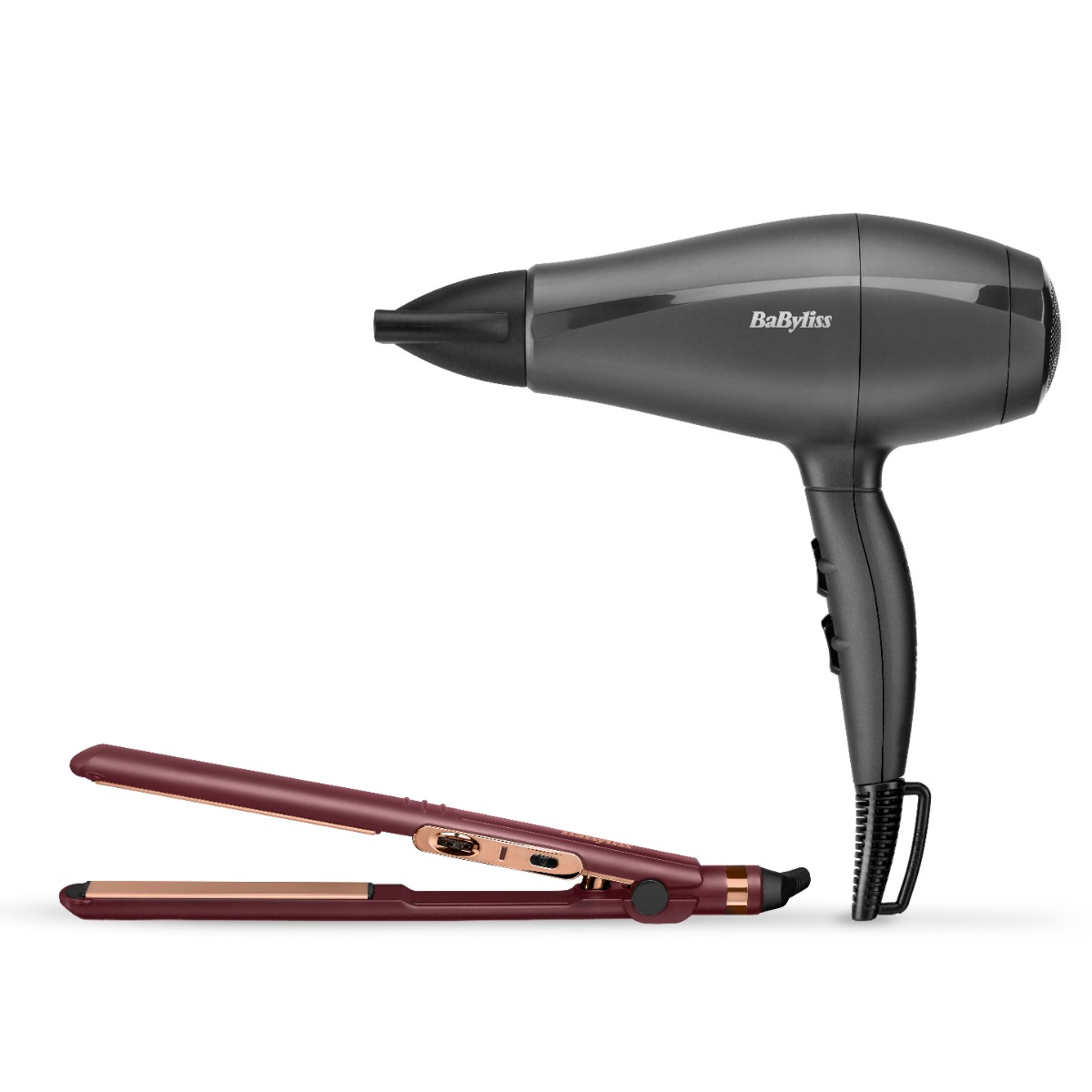 Babyliss Hair Dryer, 2000W, 3 Temperatures, Black - 5910E with Babyliss Berry Crush 230 Hair Straightener, 140-230 Degree, Pink- ST2183PSDE
