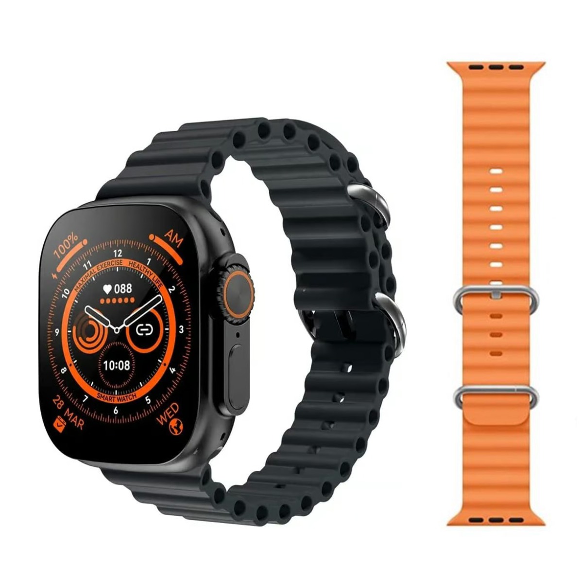 T800 Ultra Smart Watch Series 8, 49mm - Black with Silicone Strap For Apple watch Ultra 49mm - Orange