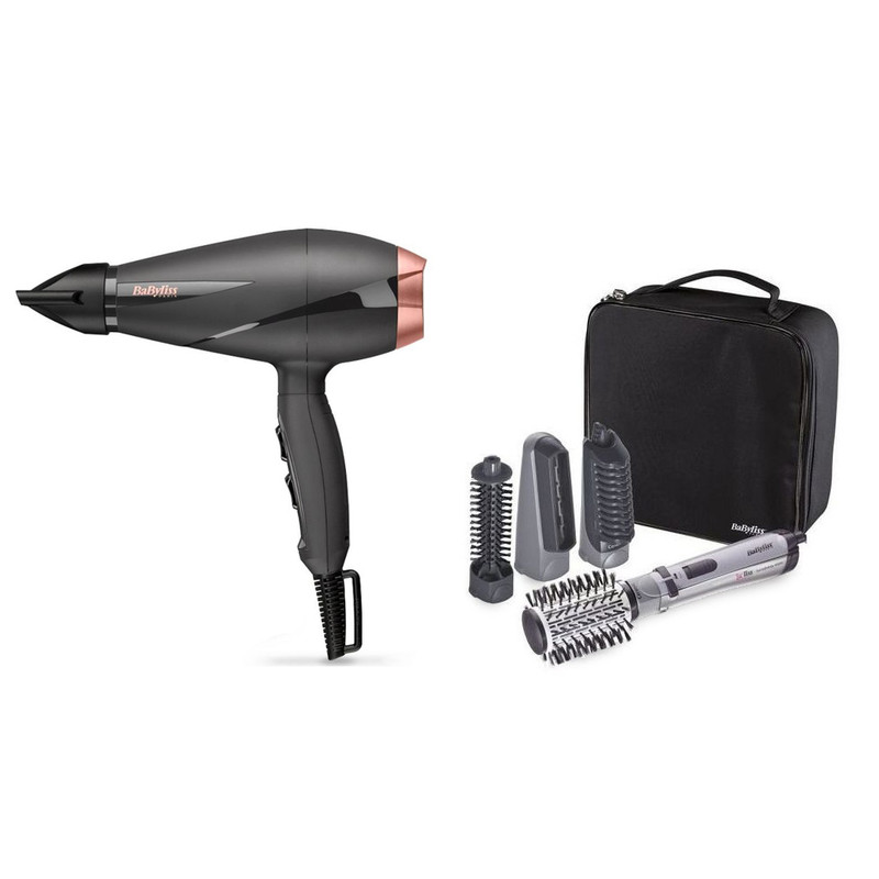 Babyliss Smooth Pro Hair Dryer, 2100 Watt, Black Rose Gold - 6709DE with Babyliss Hair Styler Rotating Brush with Attachments, 1000 Watt, Silver and Black - 2735E