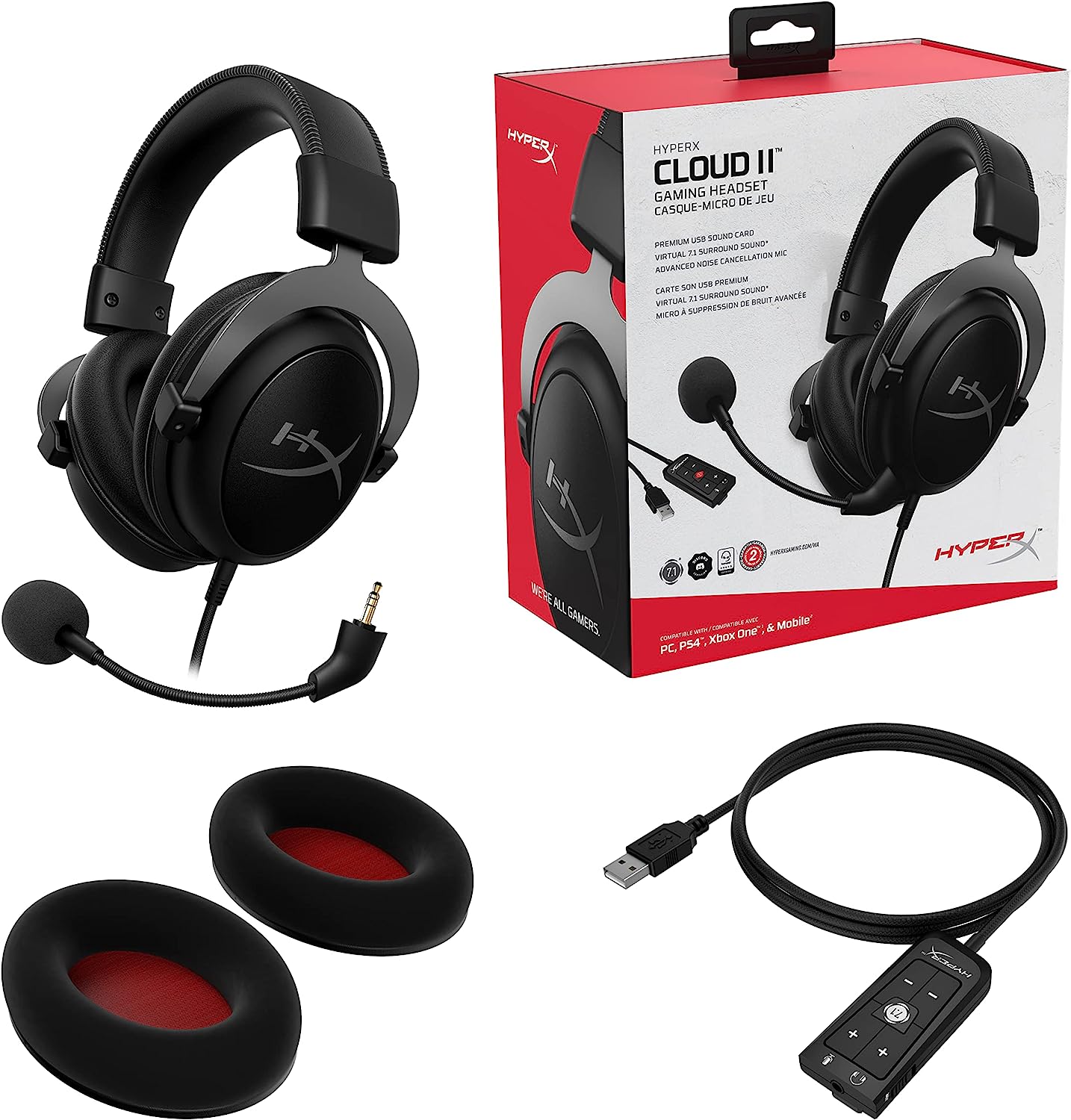 HyperX Cloud II - Gaming Headset, 7.1 Surround Sound, Memory Foam Ear Pads, Durable Aluminum Frame, Detachable Microphone, Works with PC, PS5, PS4, Xbox Series X|S, Xbox One – Gun Metal